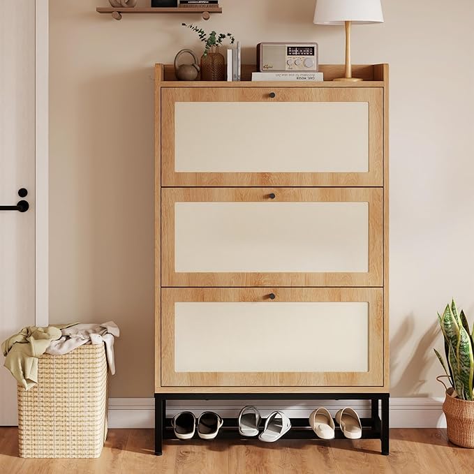 Slim Entryway Shoe Storage Cabinet with 3 Flip Drawers, Modern Freestanding Shoes Organizer Holds 16-20 Pairs, Closed Shoe Storage for Hallway, Foyer - Space-Saving Wood Shoe Cabinet