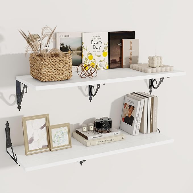Dreamland Deep Floating Shelves, 36" W x 12" D Wall Shelves Set of 2, Wide Display Shelf Wall Mounted with Brackets, Bookshelf for Living Room, Bathroom, Bedroom, White
