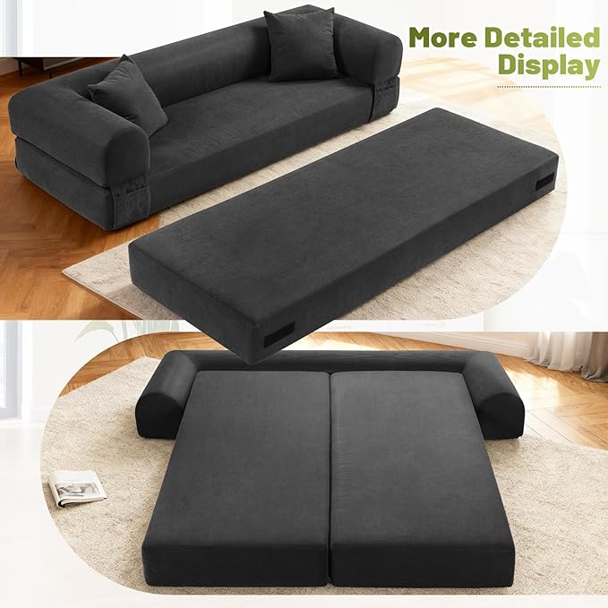 Convertible Futon Sofa Bed,80" Folding Pull Out Couch Bed with Pillows & Storage,Queen Sleeper Sofa Bed,Compressed Couch in a Box,Corduroy Boneless Couches for Living Room,Deep Gray