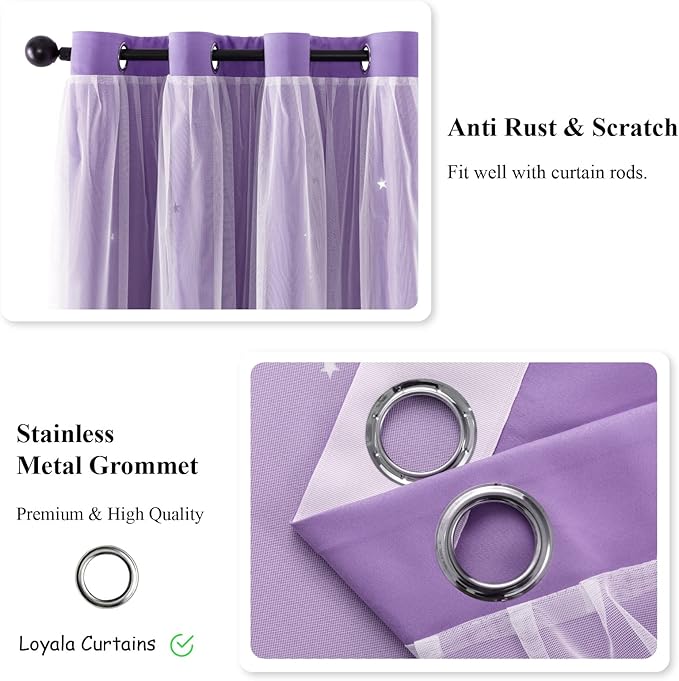 Star Double Layer Blackout Curtains for Bedroom, Kids - Cute, 72 Inch Long, 2 Panels Set, Purple, 42 x 72 Inches