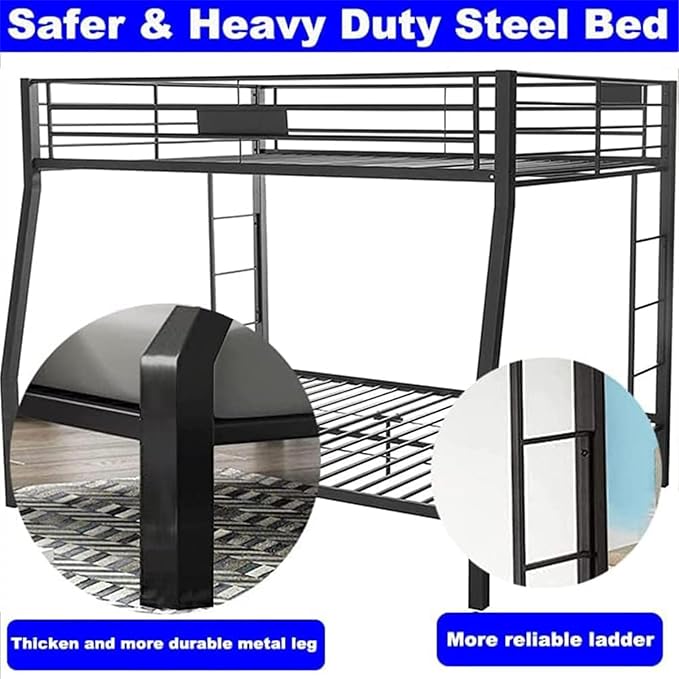 Upgraded Version Thicken Metal Heavy-Duty Full XL Over Queen Bunk Bed, Best Modern Style Stronger Full Over Queen Size Bunk Bed Frame with Ladder for Adults, Easy Assembly (Full XL Over Queen-A)