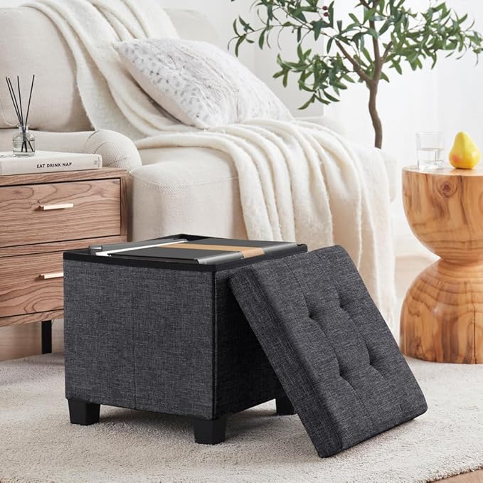 Ornavo Home 15 Inch Folding Storage Ottoman with Storage, Square Cube Linen Small Storage Ottoman Foot Rest Stool with Legs - Dark Gray
