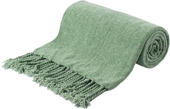 BATTILO HOME Sage Green Throw Blanket for Couch, Bed, Sofa - Soft Cozy Sage Chenille Throw with Fringe Tassels, Lightweight Green Knit Throw for Spring Home Decor, 50"x60"