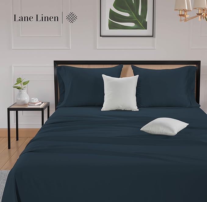 LANE LINEN 100% Cotton Sheets Queen Size – 600 Thread Count Naturally Cooling Queen Bed Set, Durable Bedding for Daily Use, Luxury Sateen Finish, Snug Fit 15" Deep Pocket Fitted Sheet – Estate Blue
