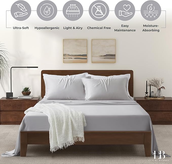 Luxury Bamboo Market | King Size Bed Sheet Set | 100% Viscose Made from Bamboo | Organically Grown | Ultra Soft | Cooling Sheets for Hot Sleepers | 17" Deep Pocket [Dove Grey]