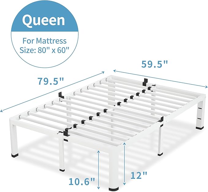 12 Inch White Queen Bed Frame, 3500Lbs Heavy Duty Metal Platform with Round Corner Legs Mattress Slide Stopper, Steel Slat Support No Box Spring Needed, Noise Free, Non-Slip, Easy Assembly