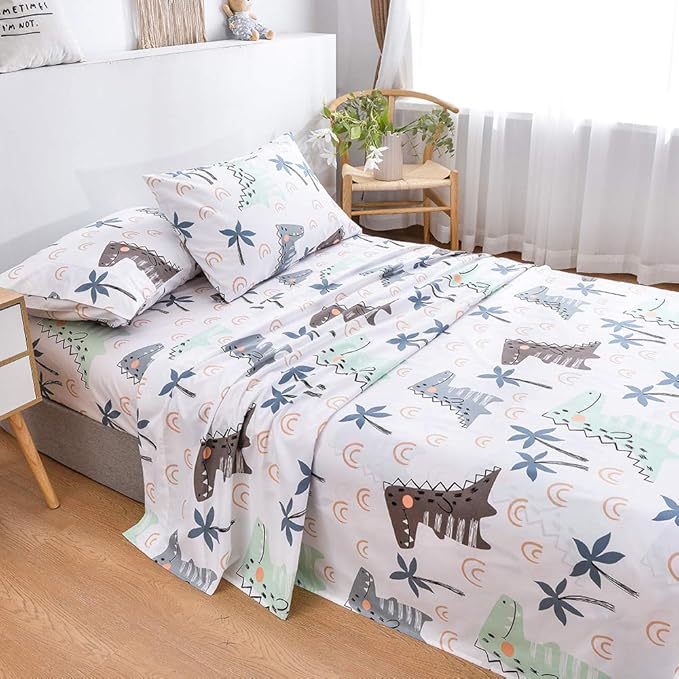 JSD Dinosaur Kids Sheet Set Full Size, 4 Piece Palm Tree Printed Microfiber Bed Sheets Deep Pocket