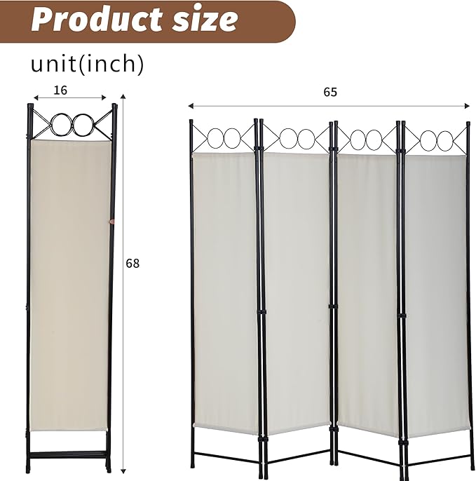 FDW 4 Panel Room Divider and Folding Portable Partition Screen, 6FT Wall Divider Screen for Dorm Bedroom Office, Cream