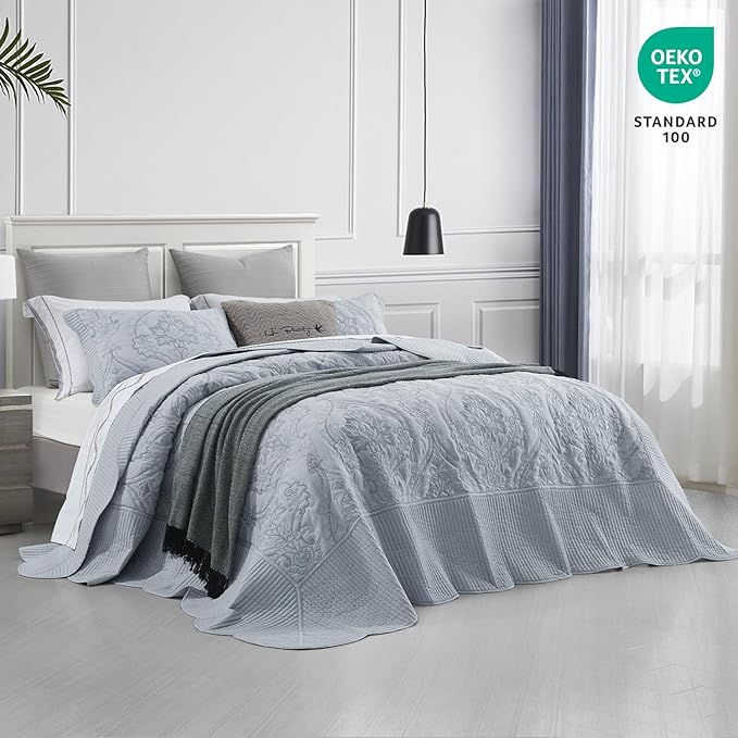 CHIXIN Bedspread Coverlet Set Queen Size - Lightweight Bedding Cover - Beautiful Stitching - 5 Piece Reversible Bedspread - Gorgeous Damask Paisley Pattern (Queen, Light Grey)