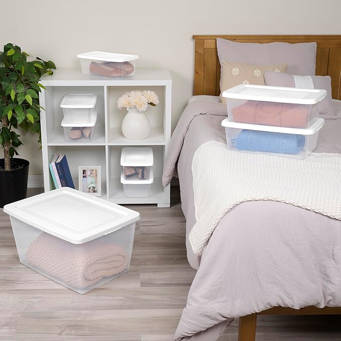 Sterilite 30 Pack Storage Box, 12 Quart Stackable Tote, Clear Plastic Container with Secure Snapping Lids for Home and Office Organization, White