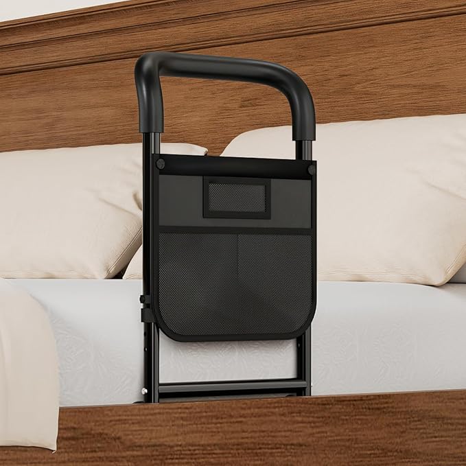 HOMEAL Bed Rails for Elderly Adults Safety - Adjustable Bedside Assist Rails for Seniors, Adult Bed Cane with Non-Slip Handle, Motion Light & Fixing Strap, Fit Standard & Adjustable Bed (Black)