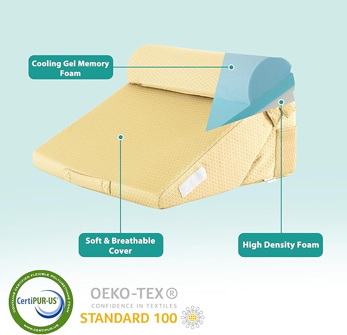 Bedluxe Adjustable 3pcs Bed Wedge Pillow Set, Memory Foam Wedge Pillows Post Surgery for Back, Neck, Leg Pain Relief, Pillow Wedge for Sleeping, Sitting up in Bed, Acid Reflux and GERD, Beige Yellow