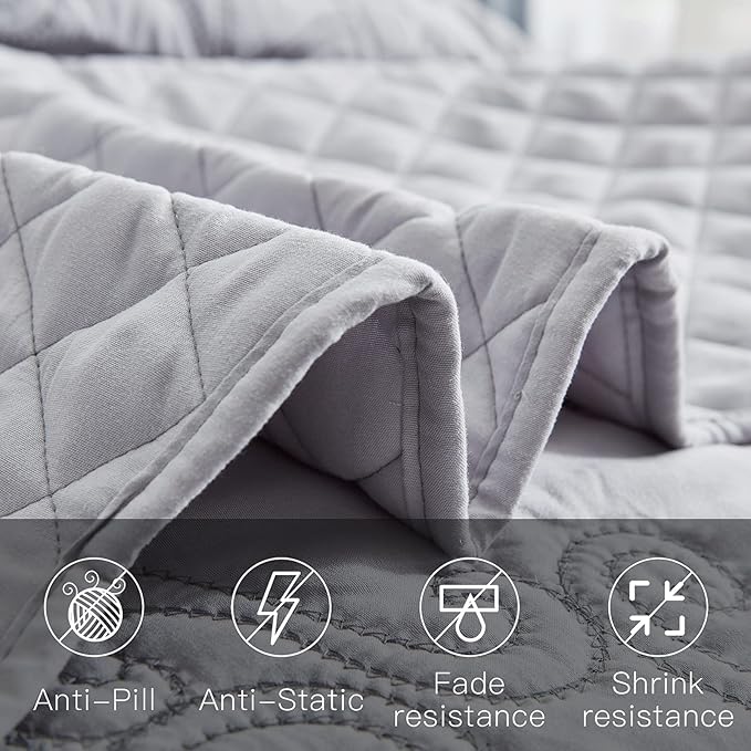 CHIXIN Bedspread Coverlet Set Queen Size - Lightweight Bedding Cover - Beautiful Stitching - 5 Piece Reversible Bedspread - Luxury Damask Paisley Pattern (Queen, Light Grey)