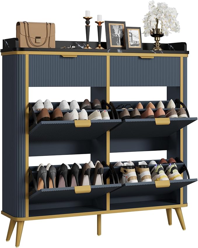 Fluted Shoe Cabinet Storage, Modern Slim Shoe Organizer Cabinet with 4 Flip Drawers & 2 Drawers, Wooden Freestanding Shoe Rack Cabinets for Entryway, Foyer, Hallway, Navy Blue