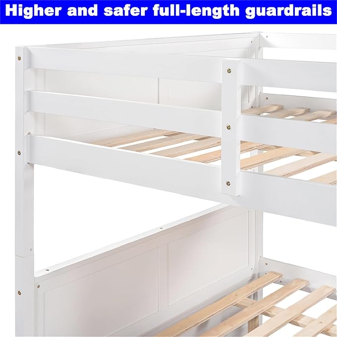 Upgraded Version Best Full Over Full Bunk Bed with Trundle, Thicken Solid Wood Full Size Bunk Bed, Bunkbed Frame Full Over Full, Convertible to 2 Beds, Easy Assembly for Adults (White)