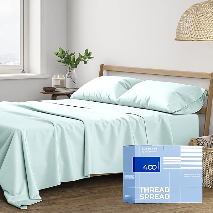 THREAD SPREAD 100% Cotton Queen Sheets Set - 400 Thread Count Queen Size Sheets (4 PC, Sea Foam), 16" Deep Pocket All Around Elastic, Soft, Cooling, Durable & Breathable Sateen Weave Bed Sheet Set