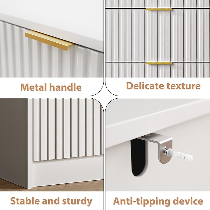 White 7 Drawer Dresser for Bedroom, 55.9" Wide Modern Fluted Dresser with Gold Metal Handles, Wide Chest of Drawers for Bedroom, Living Room, Entryway, Hallway