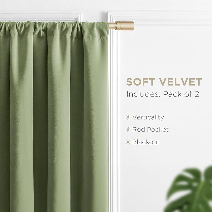 Joydeco Coconut Green Velvet Curtains 108 Inches 2 Panels, Luxury Thermal Insulated Soft Green Curtains for Bedroom & Living Room, Room Darkening Velvet Drapes, Rod Pocket (52W x 108L)