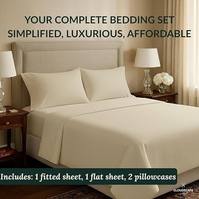 Cloud Scape Linen 100% Egyptian Cotton King Sheets Set – 400 Thread Count, 4-Piece Soft Hotel Quality Bedding Set,Deep Pockets up to 16”, Ivory