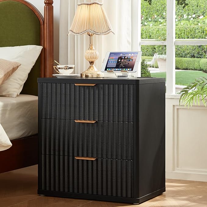 LEYAOYAO Fluted Dressers & Nightstand Set of 4, Wood 48" Wide Dresser & 42" Tall Chest of Drawers,Modern Bedroom Furniture Sets, Black Wooden Nightstand Set of 2 with 3 Drawers & Charging Station