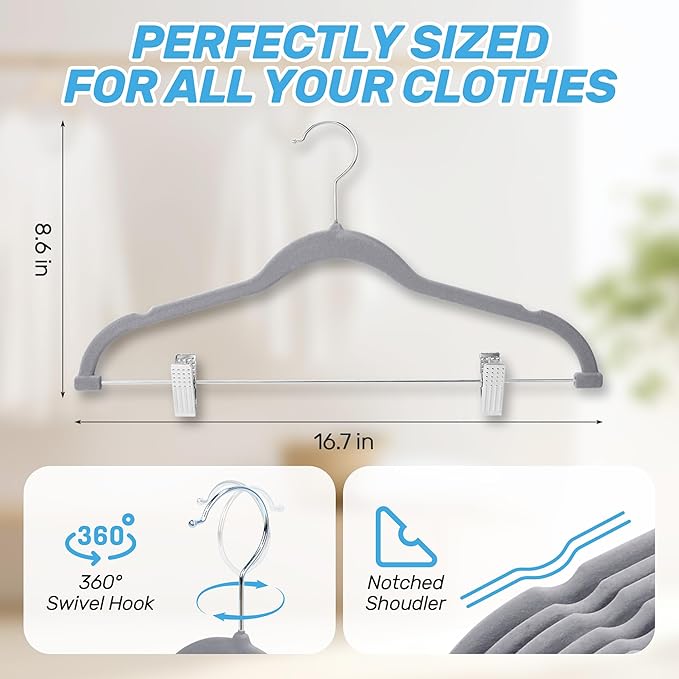 Velvet Pants Hangers 20 Pack with Adjustable Clips, Space-Saving Slim Flocked Hangers, Heavy Duty & Non-Slip Felt Clothes Hangers for Pants, Skirts, Dresses, and Jeans(Grey)