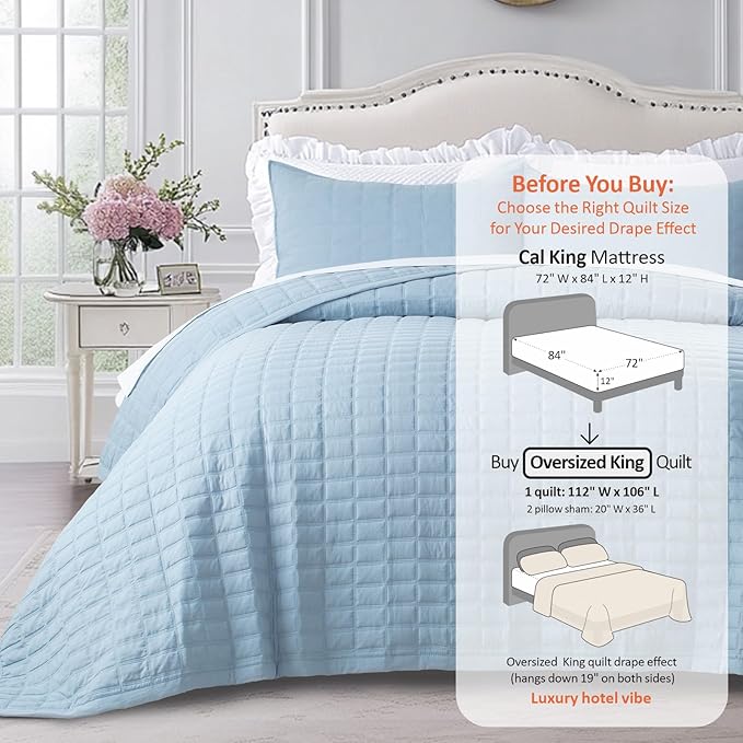 Oversized King Quilt Set 112"x106" – Soft Washed 3-Layer Lightweight California King Bedspread, Minimalist Nordic Design, All-Season Spring & Summer Quilt Set (1 Quilt + 2 Pillow Shams), Grey Blue