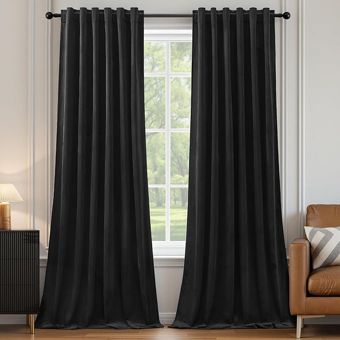 Black Velvet Blackout Curtains Extra Long Room Darkening Drapes Super Soft Elegant Thermal Insulated Soundproof Window Curtains for Bedroom Living Room, Back Tab Rod Pocket, W52 x L102, 2 Panels
