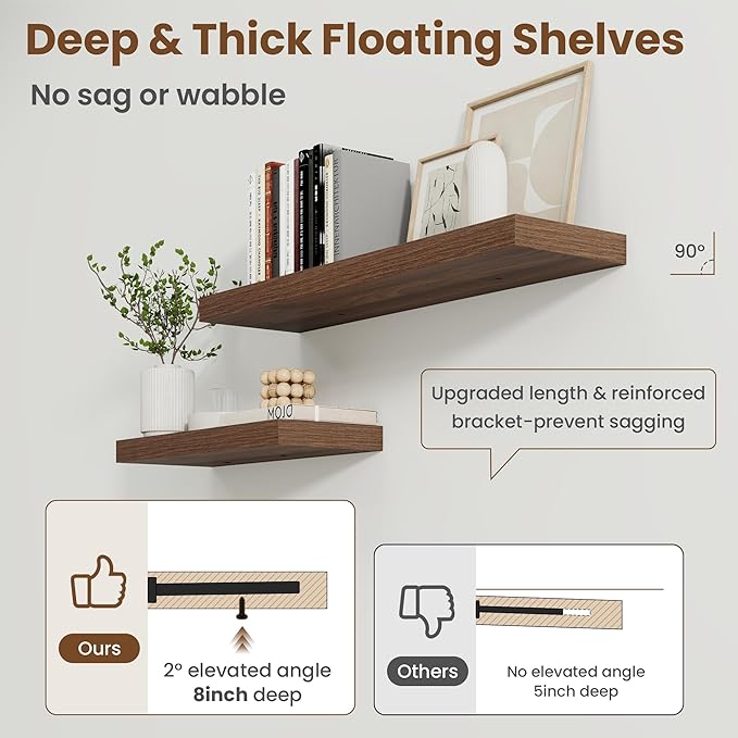 30 Inch Floating Shelves for Wall, 8 Inch Deep Floating Shelf for Storage & Display, Rustic Wall Mounted Shelf with Invisible Brackets for Living Room, Kitchen, Bathroom, Home Decor, Set of 2, Walnut