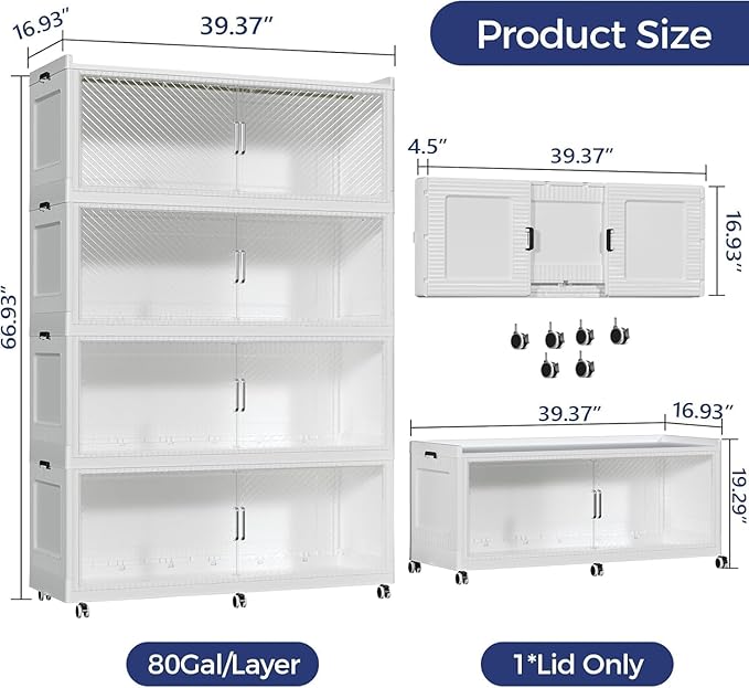 320GAL Extra Large Storage Bins with Lid, 1280QT Collapsible Organizer with Wheels, Stackable Closet Cabinet with Doors, Folding Storage Containers for Home, Office, Kitchen, 4Pack White
