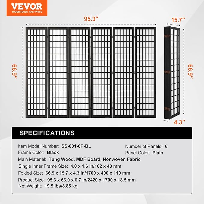 VEVOR Room Divider, 6 Panel Japanese Room Divider, Folding Privacy Screen Indoor, Portable Partition Dividers and Decoration Screens, for Room Separation, Home, Office, Restaurant & Bedroom (Black)