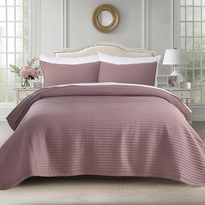 Oversized Queen Quilt Set 102"x106" – Soft Washed 3-Layer Lightweight Bedspread, Minimalist Nordic Design, All-Season Spring & Summer Quilt Set (1 Quilt + 2 Pillow Shams),Twilight Mauve Purple