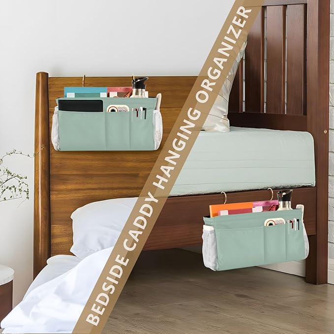 KOPIRIT Cyan Gray Bedside Caddy Storage Bag Bedside Organizer for College Dorm Top Bunk Bed Bedside Shelf Hanging Organizer 6 Pockets with Hooks for Magazine Water Bottle Holder