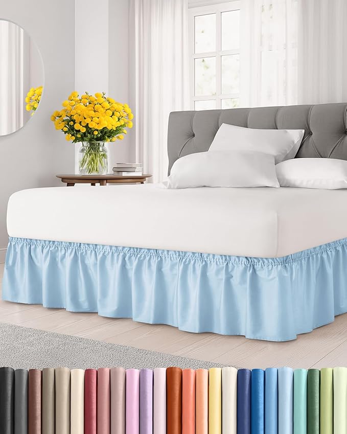 Wrap Around Dust Ruffle Bed Skirt - Light Blue - for King Size Beds with 15 Inch Drop - Elastic Strap - Adjustable Pleated Bedskirt with Brushed Fabric and Wrinkle Free - for Women, Men, Kids & Teens