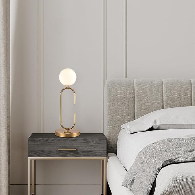 Mid Century C-Shape Table Lamp Gold 2-Light Globe Dimmable Table Lamp with Milk White Glass Gold Nightstand Lamp for Bedroom Bedside,G9 Bulb(Not Included)