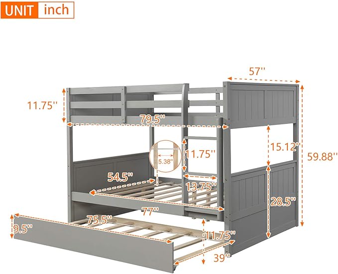 STERXONE Best Thicken Solid Wood Full Over Full Bunk Bed with Trundle, Luxurious Bunk Bed Frame Full Size with Safety Guard Rail and Ladder, Convertible to 2 Beds for Adults, Teens, Kids (Gray)