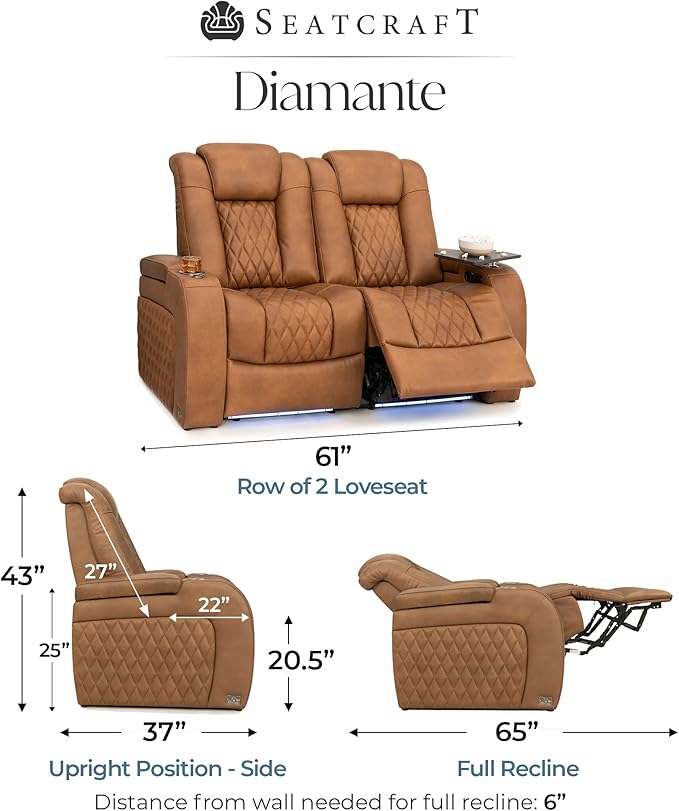 Seatcraft Diamante Zero-Gravity CoolZero Italian Leather Home Theater Seating, Power Headrest, Power Recline, Row of 2 Loveseat, Tawny