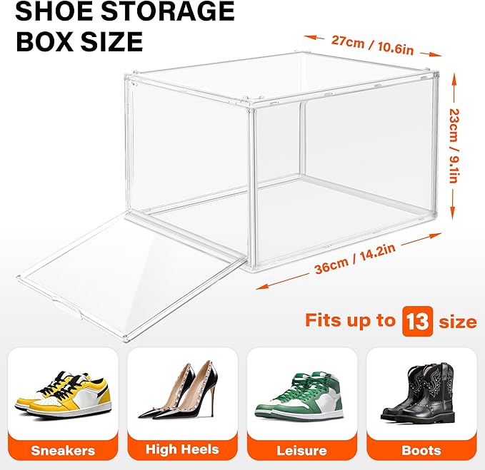 1 Pack Acrylic Drop Front Shoe Boxes Fit Size 13, Clear Stackable Shoe Organizer with Front Side Magnetic Door for Closet, Entryway, Underbed, Multiple Display Cases for Hats, Figures, Sneakers