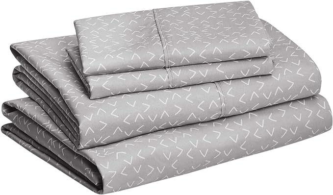Amazon Basics Lightweight Super Soft Easy Care Microfiber 4 Piece Bed Sheet Set With 14-inch Deep Pockets - Queen, Grey Arrows,Printed