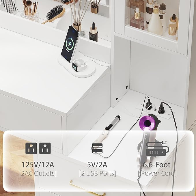 51" Vanity Desk with Mirror and Lights & Charging Station, Bedroom Dressing Table, Large Vanity Set, 6 Drawers and 2 Cabinets, Makeup Vanity Table with Charging Station, Without Stool