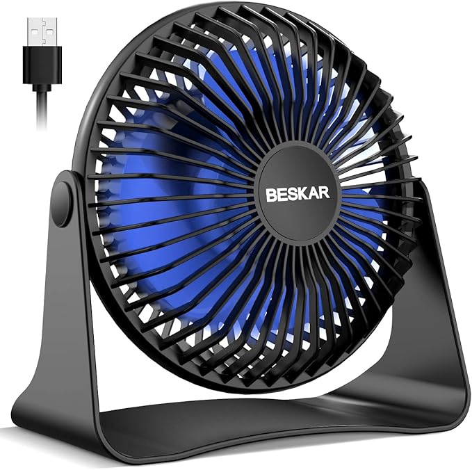 BESKAR USB Small Desk Fan, Portable Fans with 3 Speeds Strong Airflow, Quiet Operation and 360°Rotate, Personal Table Fan for Home,Office, Bedroom - 3.9 ft Cord