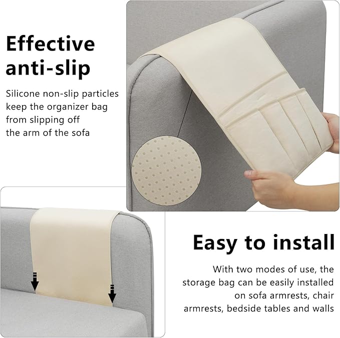 WETRBWEH TV Remote Control Holder Couch Caddy, Non-slip Bedside Caddy Organizer with 5 Pockets for Key Glasses Phone Magazine Holders (Beige, 35"x12.4")