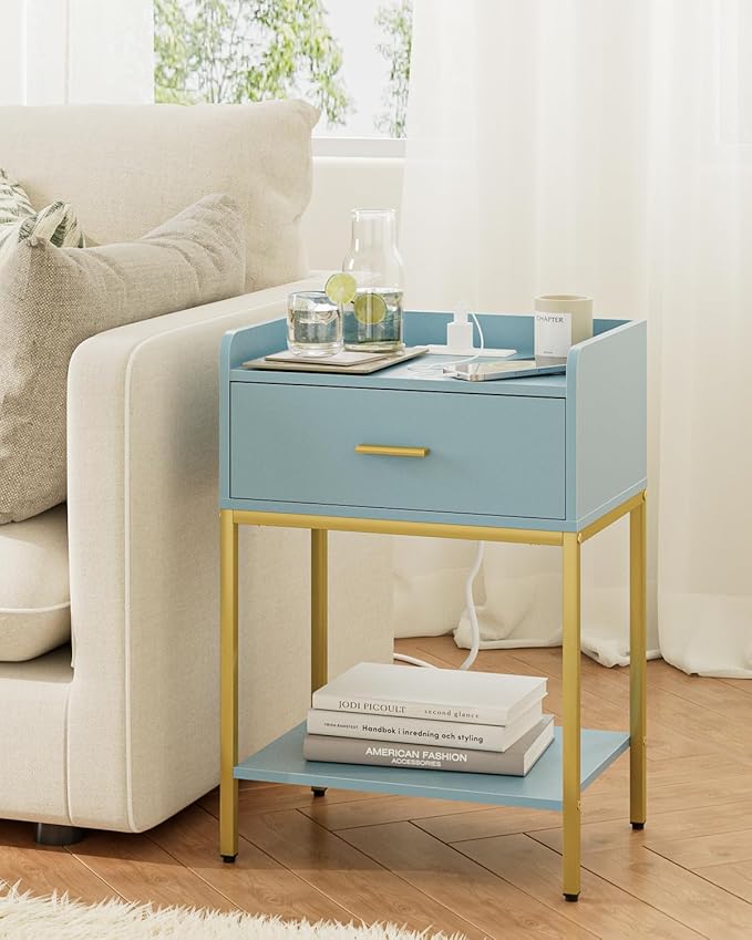Masupu Nightstand with Charging Station,3-Tier Modern Bedside Night Stand with Storage Drawer and Shelf,Small End Side Table for Bedroom,Living Room,Gold and Blue