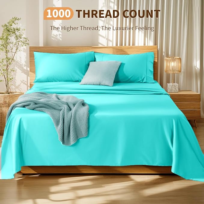 LBRO2M 100% Cotton Sheets Set Deep Pocket 19", 1000 Thread Count Queen Size 4 Piece Bed Sheet Sets Soft Comfortable Bedding All Season (Queen, Lake Green)