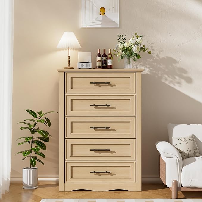 Farmhouse 5 Drawers Dresser, 45.5" H Modern Country Storage Dressers with Brushed Metal Handles, Wood Storage Organizers for Bedroom, Living Room, Hallway, Light Oak