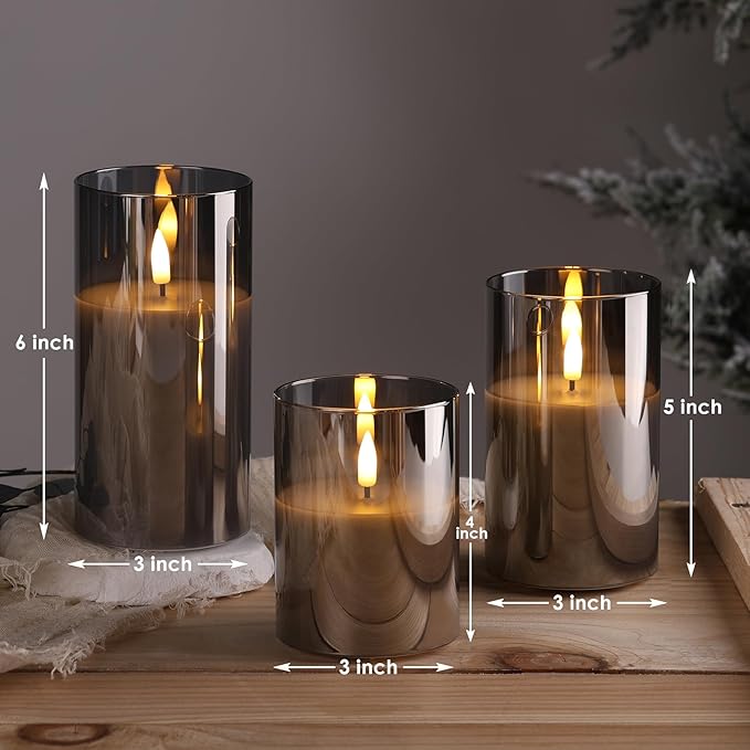 Eywamage Smoke Grey Glass Flameless Pillar Candles with Remote, Flickering LED Battery Candles Table Decor Set of 3