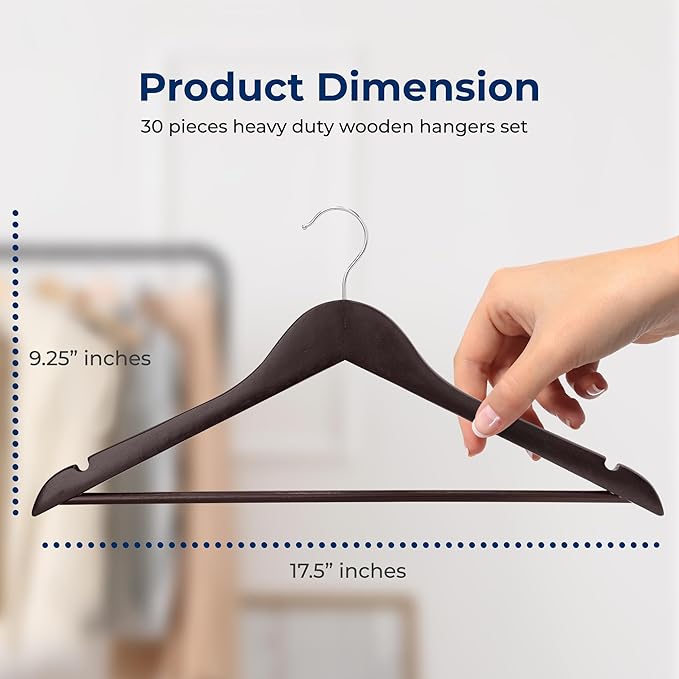 SereneLife 30 Pack Wooden Coat Hangers – Durable Suit Hangers with 360° Swivel Hook & Notches – Slim Design for Shirts, Jackets, Dresses, and More