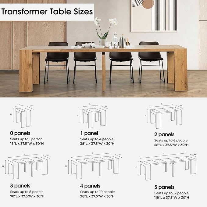 Transformer Table - Solid Wood Extendable Dining Table with 2 Benches, Seats 2-12, Extendable Table, Space-Saving Furniture, Expandable Furniture, Scandinavian Oak, Natural Finish (Table + 2 Benches)