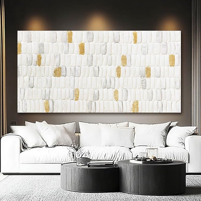 YETHEN WAL White and Gold Textured Wall Art 29x58, Hand-Painted Neutral Abstract Canvas, Gold Leaf Minimalist Oversized Wall Decor for Living Room Bedroom Office