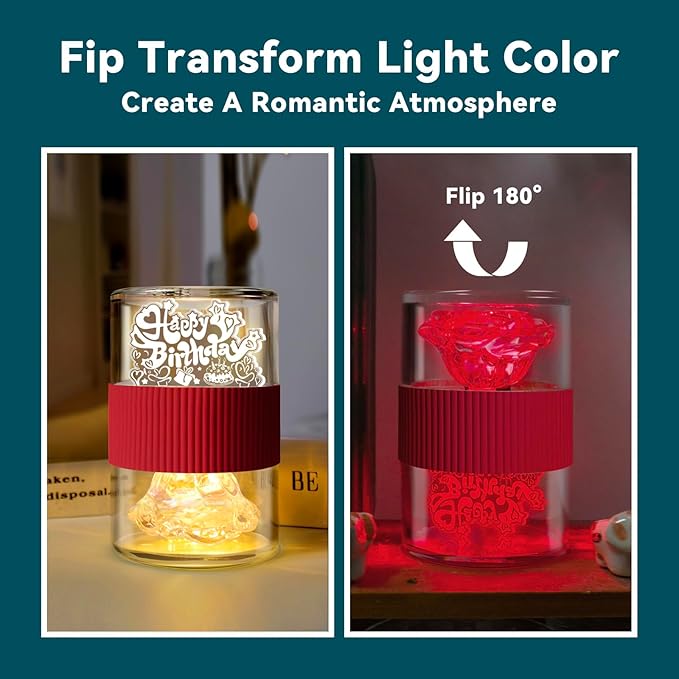 Happy Birthday Light for Table 3D Rose Flip LED Night Lights Color Changing Dimmable USB-C Input Rechargeable Touch Control Birthday Gift Lamps for Women Wife Mom Daughter