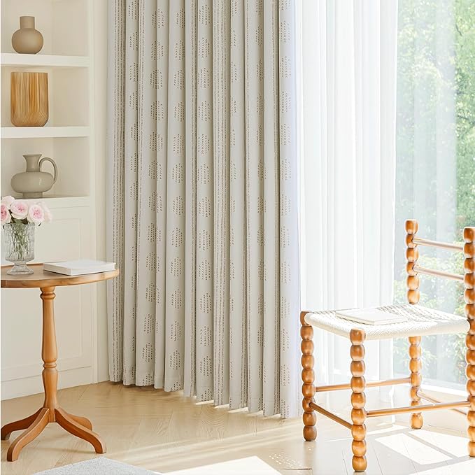 100% Boho Blackout Curtains 96 Inches Long for Bedroom, Taupe on Beige Patterned Bohemian Curtains for Living Room, Geometric Striped Thermal Insulated Window Drapes Gromment Top 2 Panels